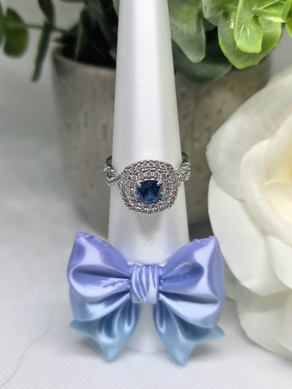 BP Blue Cushion-Cut Halo Ring On Rhodium Plating